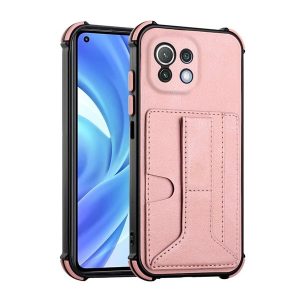 Xiaomi Mi 11 Lite / 11 Lite 5G / 11 Lite 5G NE, Szilikon tok, közepesen ütésálló, stand, bőrhatású hátlap, kártyatartóval, kézpánttal, vörösarany