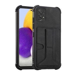 Samsung Galaxy A72 / A72 5G SM-A725F / A726B, Szilikon tok, közepesen ütésálló, stand, bőrhatású hátlap, kártyatartóval, kézpánttal, fekete