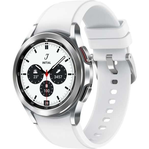 Bluetooth okosóra, szilikon szíj, rozsdamentes acél keret, v5.0,  aktivitás és egészség mérő, vízálló, hangszóró, Samsung Galaxy Watch 4 Classic (42mm) SM-R880, ezüst, gyári