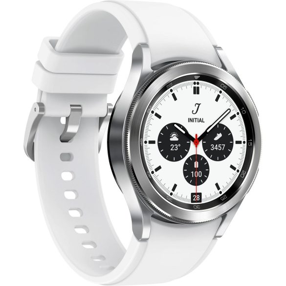 Bluetooth okosóra, szilikon szíj, rozsdamentes acél keret, v5.0,  aktivitás és egészség mérő, vízálló, hangszóró, Samsung Galaxy Watch 4 Classic (42mm) SM-R880, ezüst, gyári