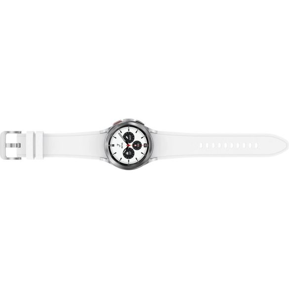 Bluetooth okosóra, szilikon szíj, rozsdamentes acél keret, v5.0,  aktivitás és egészség mérő, vízálló, hangszóró, Samsung Galaxy Watch 4 Classic (42mm) SM-R880, ezüst, gyári