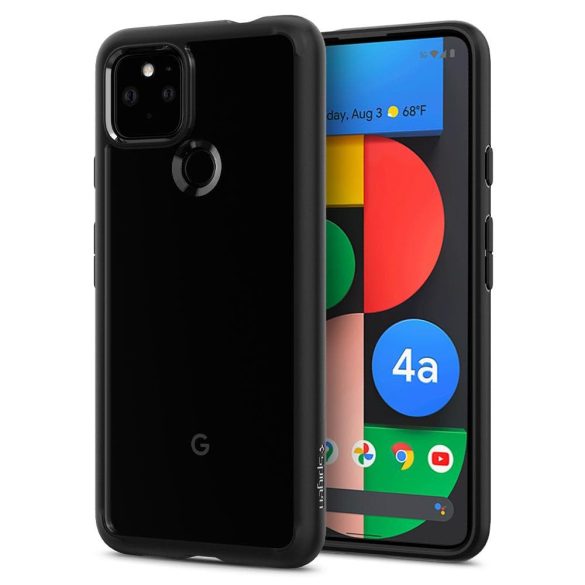Google Pixel 4a 5G, Műanyag hátlap védőtok + szilikon keret, Spigen Ultra Hybrid, átlátszó/fekete