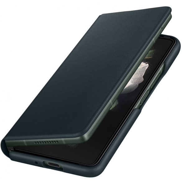 Samsung Galaxy Z Fold3 5G SM-F926B, Oldalra nyíló tok, bőr hátlap, stand, kézpánttal, sötétzöld, gyári
