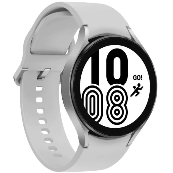 Bluetooth okosóra, szilikon szíj, alumínium keret, v5.0, eSim, aktivitás és egészség mérő, vízálló, hangszóró, Samsung Galaxy Watch 4 (44mm) SM-R875 (LTE), ezüst, gyári
