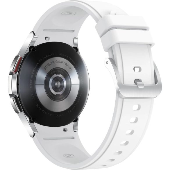 Bluetooth okosóra, szilikon szíj, rozsdamentes acél keret, v5.0, eSim, aktivitás és egészség mérő, vízálló, hangszóró, Samsung Galaxy Watch 4 Classic (42mm) SM-R885 (LTE), ezüst, gyári