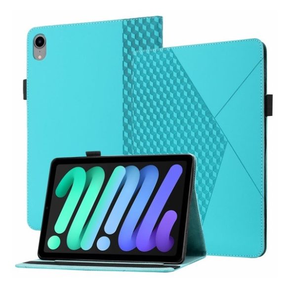 Apple iPad Mini (2021) (8.3), mappa tok, stand, bőrhatású, 3D rombusz minta, világoskék