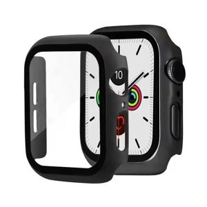 Apple Watch 7 (45mm), Műanyag védőkeret, kijelzővédő üveggel, közepesen ütésálló, szíj nélkül, fekete