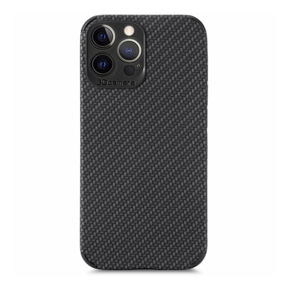 Apple iPhone 13 Pro, Szilikon tok, kamera védelem, karbon minta, fekete