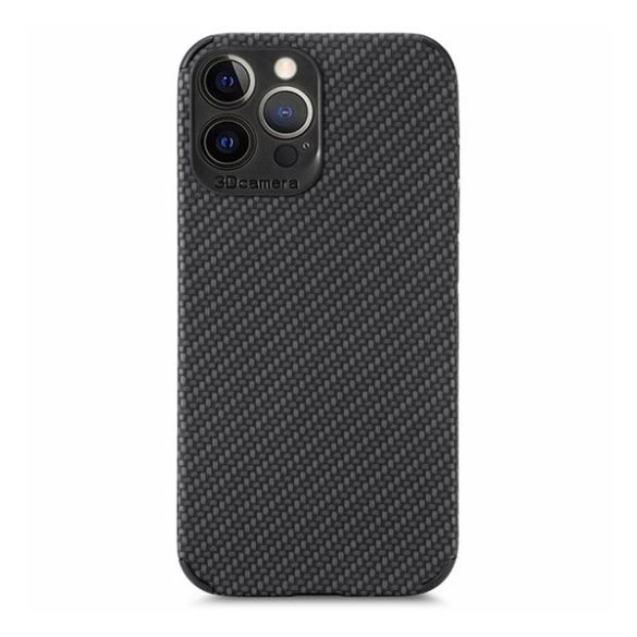 Apple iPhone 13 Pro Max, Szilikon tok, kamera védelem, karbon minta, fekete