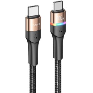 USB Type-C töltő- és adatkábel, USB Type-C, 120 cm, 5000 mA, 100W, törésgátlóval, gyorstöltés, PD, LED-es, cipőfűző minta, Usams U76, US-SJ537, arany