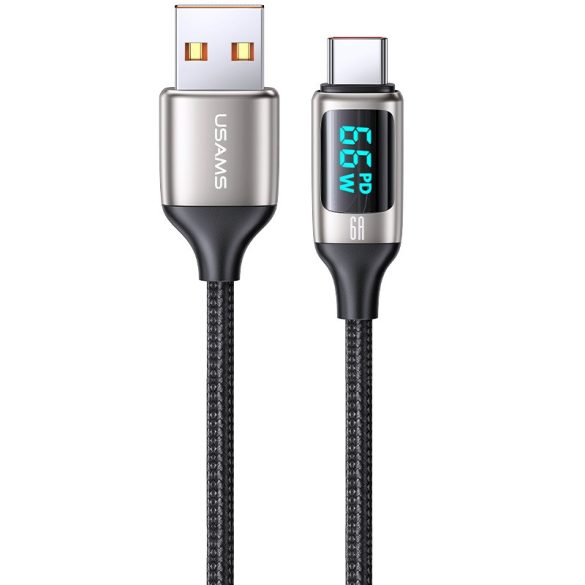 USB töltő- és adatkábel, USB Type-C, 120 cm, 6000 mA, LED kijelzővel, gyorstöltés, PD, cipőfűző minta, Usams U78, US-SJ544, fekete/ezüst