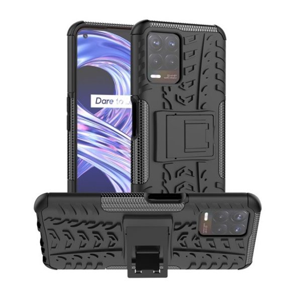Realme 8i, Műanyag hátlap védőtok, Defender, kitámasztóval és szilikon belsővel, autógumi minta, fekete