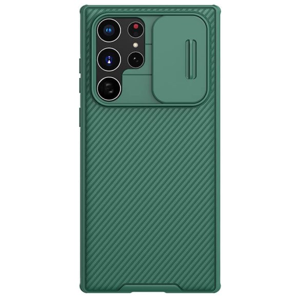 Samsung Galaxy S22 Ultra 5G SM-S908, Műanyag hátlap + szilikon keret, közepesen ütésálló, kamera védelem, csíkos minta, Nillkin CamShield Pro, zöld