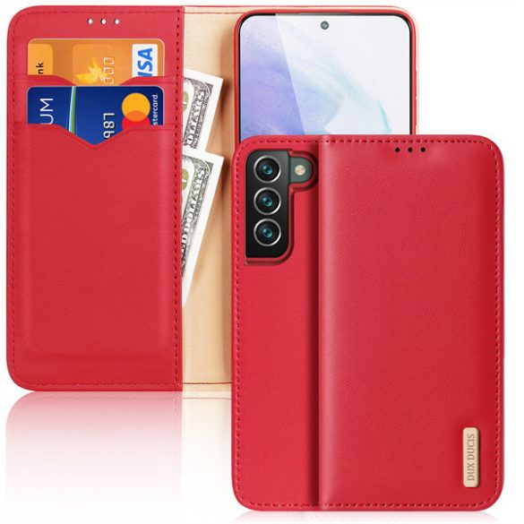 Samsung Galaxy S22 Plus 5G SM-S906, Oldalra nyíló tok, valódi bőrtok, stand, Dux Ducis Hivo, piros