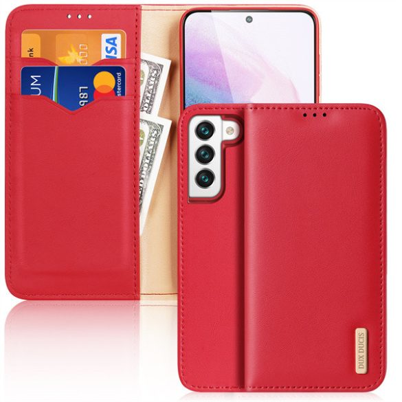 Samsung Galaxy S22 5G SM-S901, Oldalra nyíló tok, valódi bőrtok, stand, Dux Ducis Hivo, piros