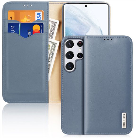 Samsung Galaxy S22 Ultra 5G SM-S908, Oldalra nyíló tok, valódi bőrtok, stand, Dux Ducis Hivo, kék