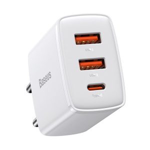 Hálózati töltő adapter, 30W, 2 x USB aljzat, USB Type-C aljzat, gyorstöltés, PD 3.0, QC 3.0, Baseus Compact, fehér