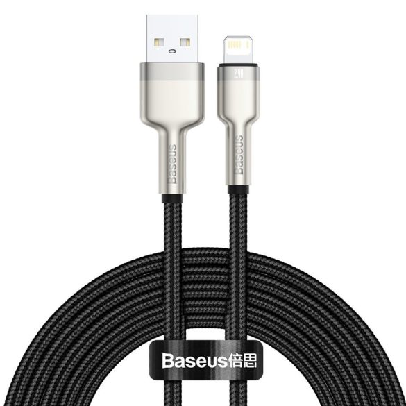 USB töltő- és adatkábel, Lightning, 200 cm, 2400 mA, törésgátlóval, gyorstöltés, cipőfűző minta, Baseus Cafule Metal, CALJK-B01, fekete