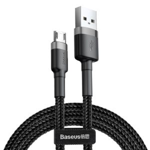 USB töltő- és adatkábel, microUSB, 300 cm, 2000 mA, törésgátlóval, cipőfűző minta, Baseus Cafule, CAMKLF-HG1, fekete/szürke