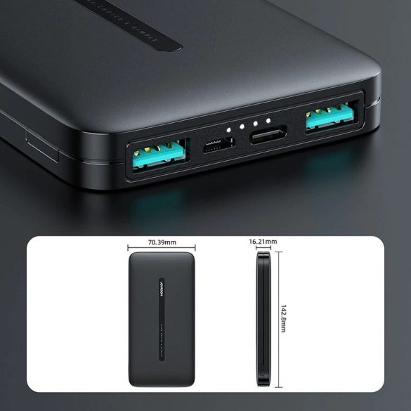 Külső akkumulátor, 10000 mAh, 10.5W, Okostelefonhoz és TabletPC-hez, 2 x USB aljzat, LED-es, gyorstöltés, Joyroom JR-T012, fekete