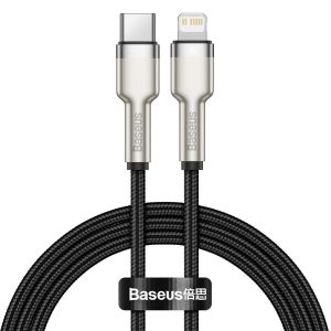 USB Type-C töltő- és adatkábel, Lightning, 25 cm, 20W, törésgátlóval, gyorstöltés, PD, cipőfűző minta, Baseus Cafule Metal, CATLJK-01, fekete