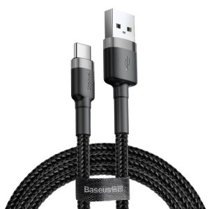 USB töltő- és adatkábel, USB Type-C, 300 cm, 2000 mA, törésgátlóval, gyorstöltés, cipőfűző minta, Baseus Cafule CATKLF-UG1, fekete/szürke