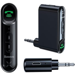 Bluetooth audió adapter, kihangosító, v5.0, 3.5 mm jack csatlakozó, mikrofon, felvevő gomb, hangerő szabályozó, Kihangosított hívás támogatás, Baseus Type 7, fekete