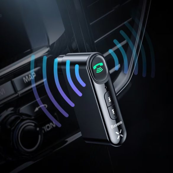 Bluetooth audió adapter, kihangosító, v5.0, 3.5 mm jack csatlakozó, mikrofon, felvevő gomb, hangerő szabályozó, Kihangosított hívás támogatás, Baseus Type 7, fekete