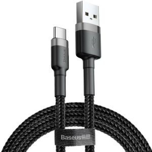 USB töltő- és adatkábel, USB Type-C, 50 cm, 3000 mA, törésgátlóval, gyorstöltés, cipőfűző minta, Baseus Cafule, CATKLF-AG1, fekete/szürke