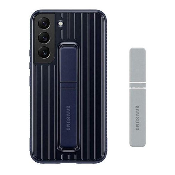 Samsung Galaxy S22 5G SM-S901, Műanyag hátlap védőtok, dupla rétegű, gumírozott, kitámasztóval, sötétkék, gyári