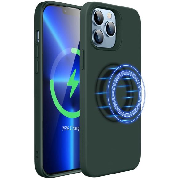 Apple iPhone 13 Pro, Szilikon tok, mikrofiber belső, Magsafe töltővel kompatibilis, ESR Cloud Soft Silicone HaloLock, sötétzöld