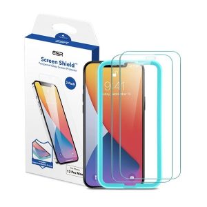 Apple iPhone 12 / 12 Pro, Kijelzővédő fólia, ütésálló fólia (az íves részre is!), Tempered Glass (edzett üveg), segéd kerettel, Full Cover, ESR Screen Shield, Clear, 2 db / csomag