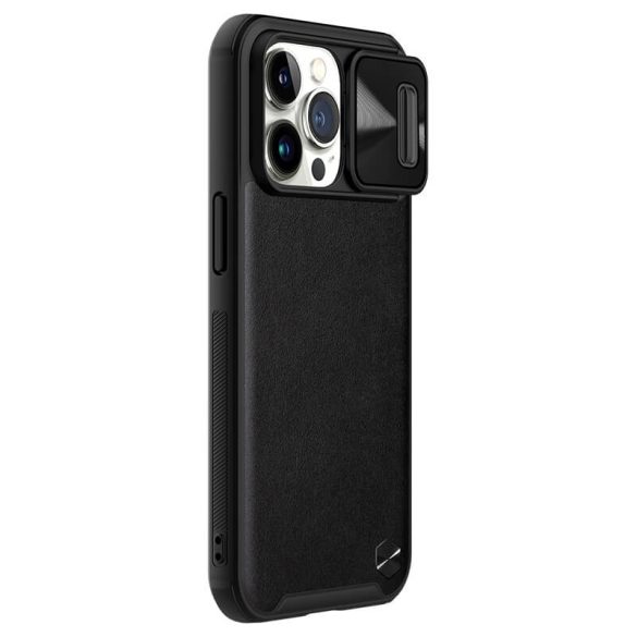 Apple iPhone 13 Pro, Műanyag hátlap védőtok, szilikon keret, kamera védelem, közepesen ütésálló, bőrhatású hátlap, Nillkin CamShield Leather, fekete