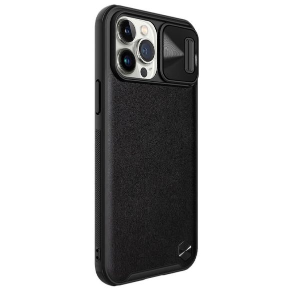 Apple iPhone 13 Pro Max, Műanyag hátlap védőtok, szilikon keret, kamera védelem, közepesen ütésálló, bőrhatású hátlap, Nillkin CamShield Leather, fekete