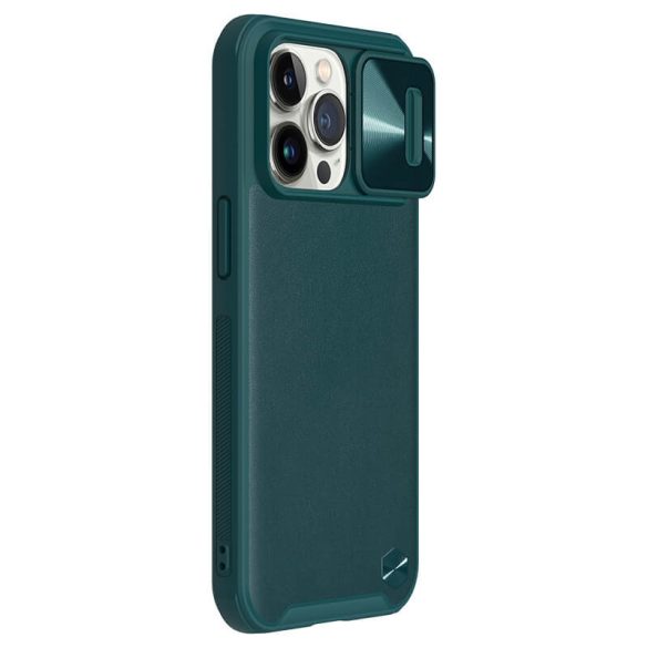 Apple iPhone 13 Pro, Műanyag hátlap védőtok, szilikon keret, kamera védelem, közepesen ütésálló, bőrhatású hátlap, Nillkin CamShield Leather, zöld