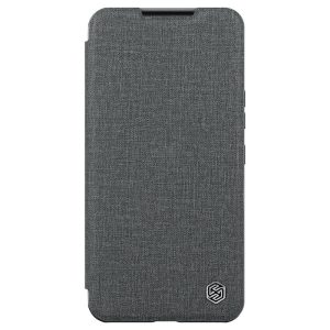 Samsung Galaxy S22 Plus 5G SM-S906, Oldalra nyíló tok, kamera védelem, Nillkin Qin Pro Plain Leather Cloth, szürke