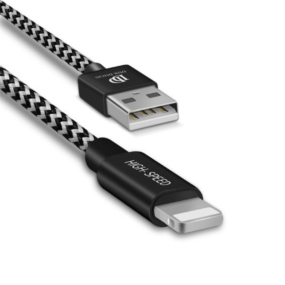 USB töltő- és adatkábel, Lightning, 200 cm, 2100 mA, cipőfűző minta, gyorstöltés, Dux Ducis K-ONE, fekete/fehér