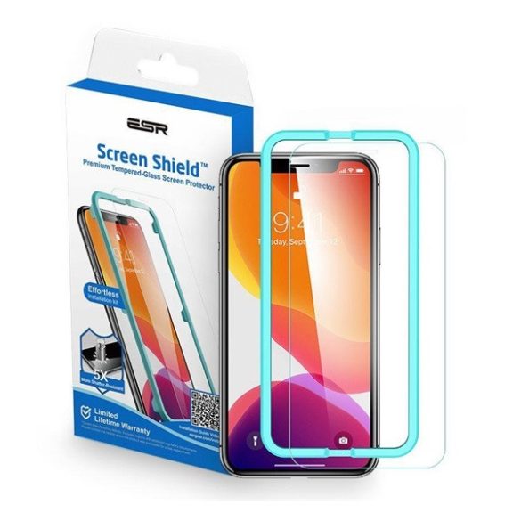 Apple iPhone XR / 11, Kijelzővédő fólia, ütésálló fólia (az íves részre is!), Tempered Glass (edzett üveg), segéd kerettel, 2.5D Full Cover, ESR Screen Shield, Clear, 1 db / csomag