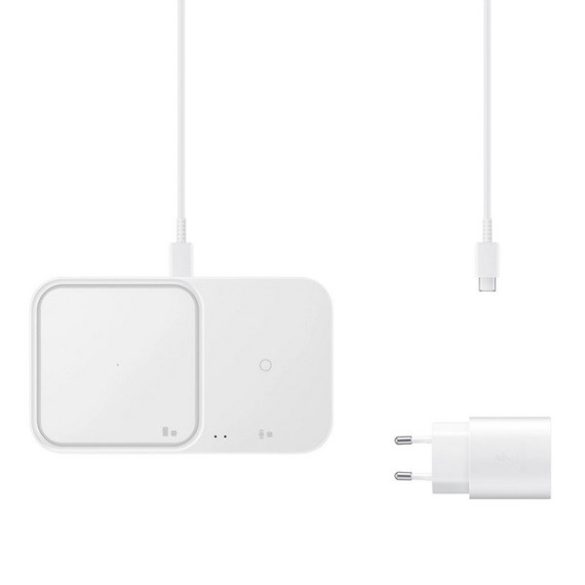 Univerzális vezeték nélküli töltő állomás 2in1, Qi Wireless, 15W, hálózati töltővel és kábellel, gyorstöltés, LED-es, Samsung Dual, gyári, fehér