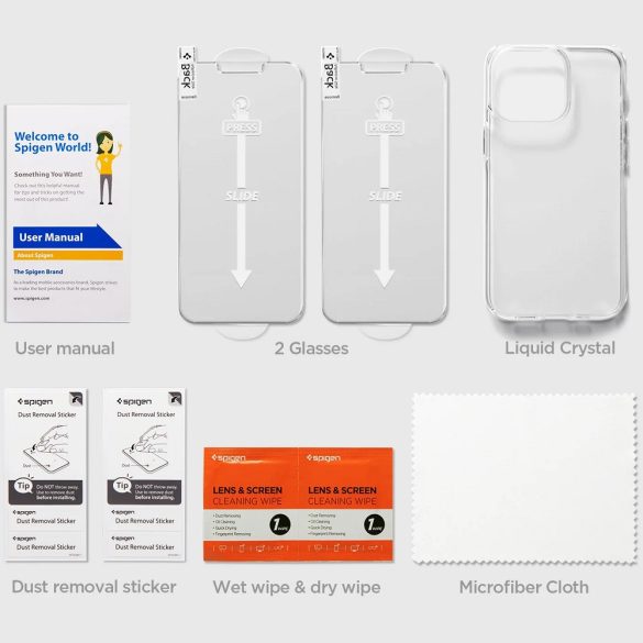 Apple iPhone 13 Pro Max, Szilikon tok + Tempered Glass (edzett üveg) - 2db, Spigen Crystal Pack, átlátszó