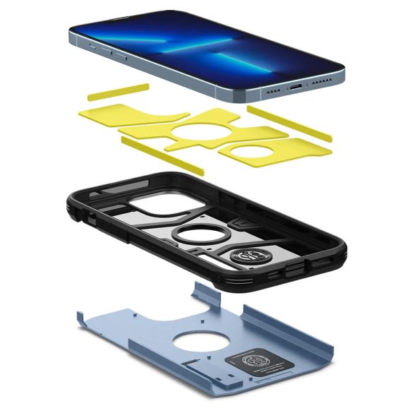 Apple iPhone 13 Pro Max, Szilikon tok + műanyag hátlap, kitámasztóval, Spigen Tough Armor, világoskék