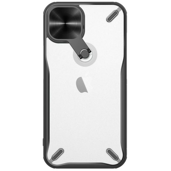 Apple iPhone 13, Műanyag hátlap + szilikon keret, közepesen ütésálló, kitámasztóval, kamera védelem, Nillkin Cyclops, áttetsző/fekete