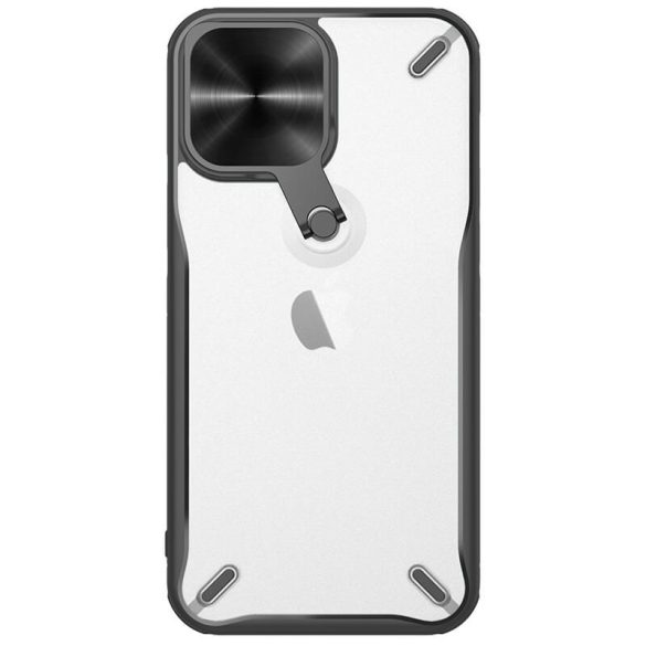 Apple iPhone 13 Pro, Műanyag hátlap + szilikon keret, közepesen ütésálló, kitámasztóval, kamera védelem, Nillkin Cyclops, áttetsző/fekete