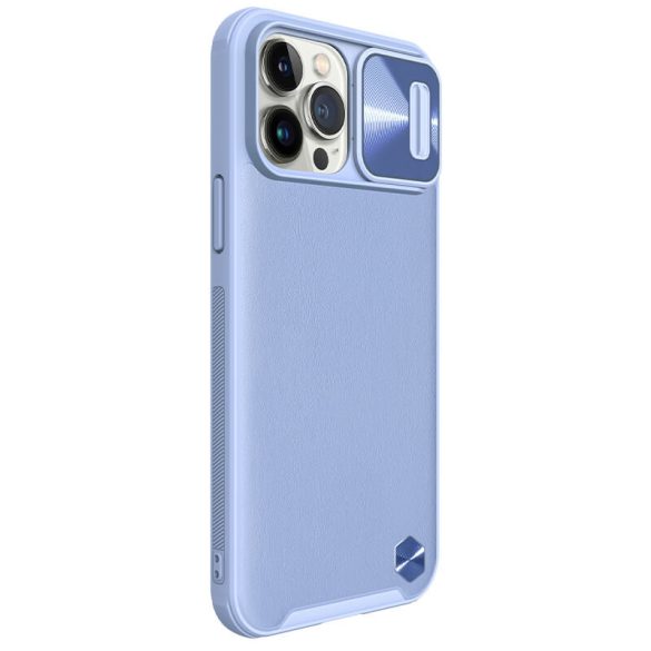 Apple iPhone 13 Pro Max, Műanyag hátlap védőtok, szilikon keret, kamera védelem, közepesen ütésálló, bőrhatású hátlap, Nillkin CamShield Leather, lila