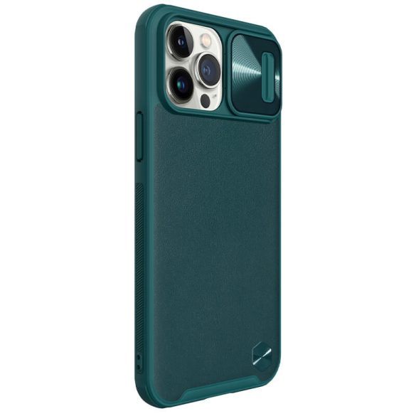 Apple iPhone 13 Pro Max, Műanyag hátlap védőtok, szilikon keret, kamera védelem, közepesen ütésálló, bőrhatású hátlap, Nillkin CamShield Leather, zöld