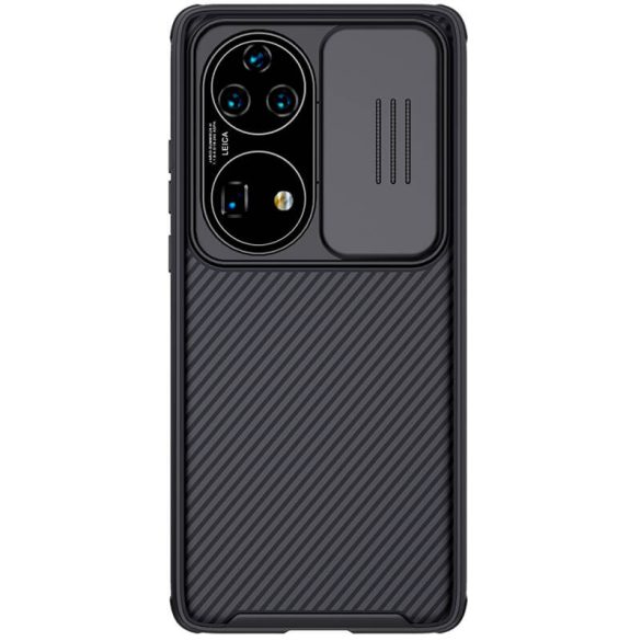 Huawei P50 Pro, Műanyag hátlap + szilikon keret, közepesen ütésálló, kamera védelem, csíkos minta, Nillkin CamShield Pro, fekete