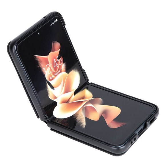 Samsung Galaxy Z Flip3 5G SM-F711B, Műanyag hátlap védőtok, bőrhatású hátlap, kitámasztóval, Nillkin Qin Vegan, fekete