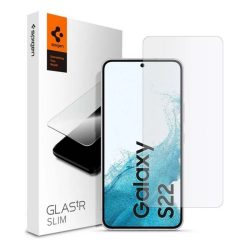  Samsung Galaxy S22 5G SM-S901, Kijelzővédő fólia, ütésálló fólia (az íves részre NEM hajlik rá!), Tempered Glass (edzett üveg), tok barát, Spigen Glastr Slim, Clear