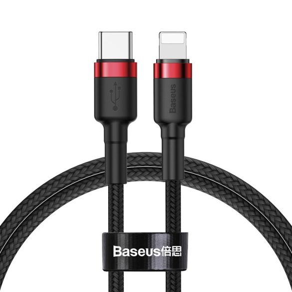 USB Type-C töltő- és adatkábel, Lightning, 100 cm, 18W, törésgátlóval, gyorstöltés, PD, cipőfűző minta, Baseus Cafule, CATLKLF-91, fekete/piros