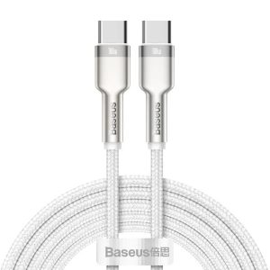 USB Type-C töltő- és adatkábel, USB Type-C, 200 cm, 5000 mA, 100W, gyorstöltés, PD, cipőfűző minta, Baseus Cafule Metal, CATJK-D02, fehér